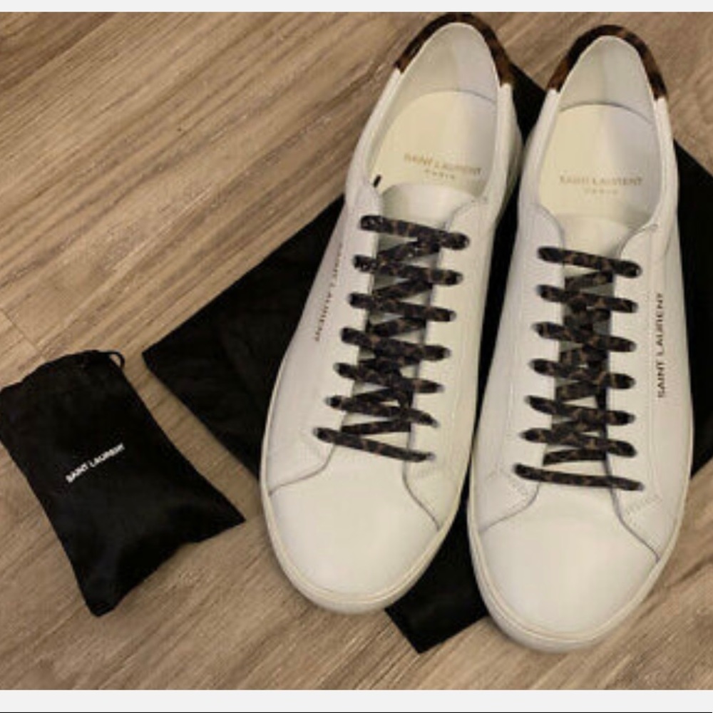 *HOST PICK* Leather Saint Laurent Andy sneaker with leopard trim. Size 36 EU.